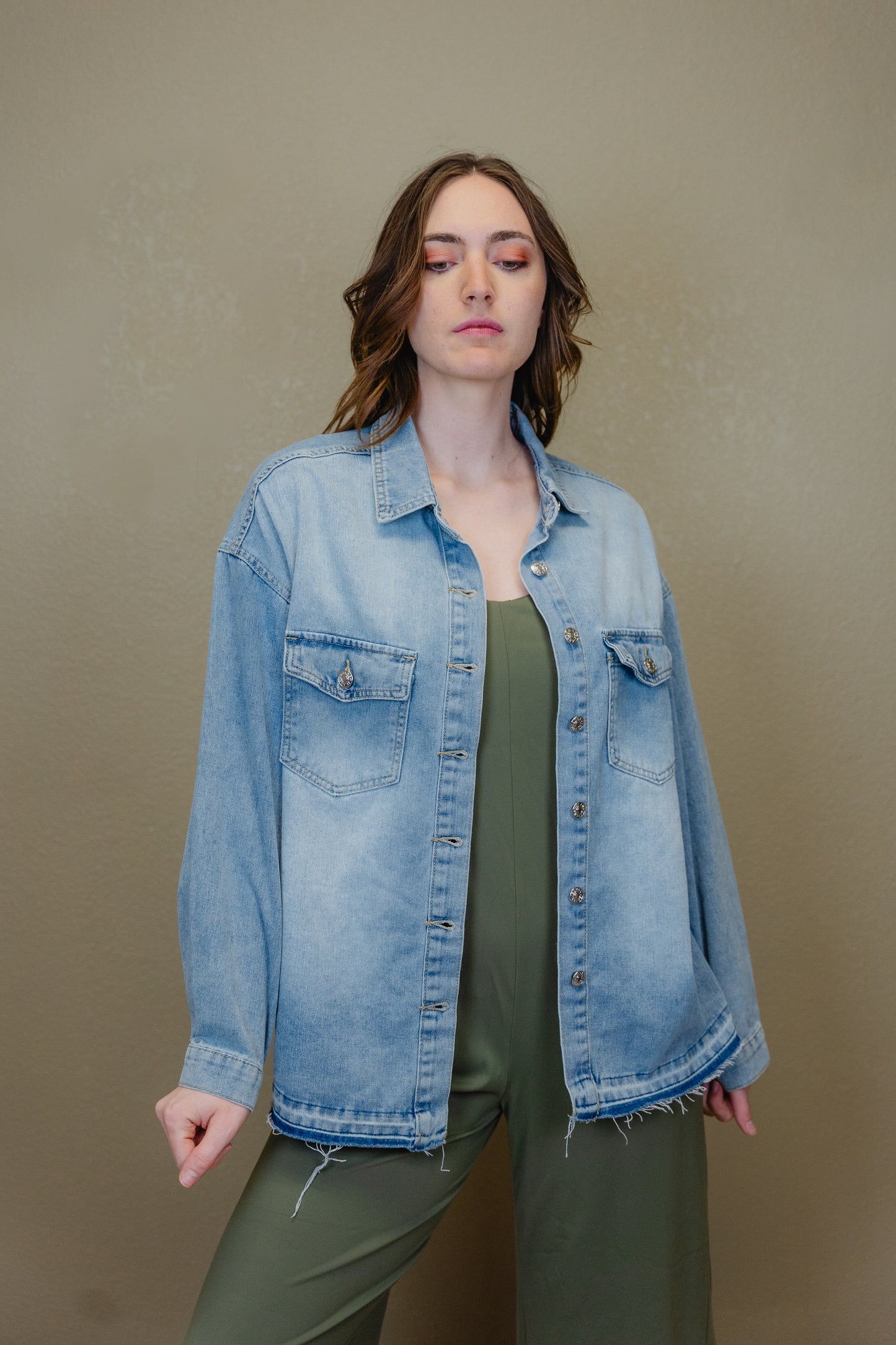 Denim Raw Edge Pocketed Jacket