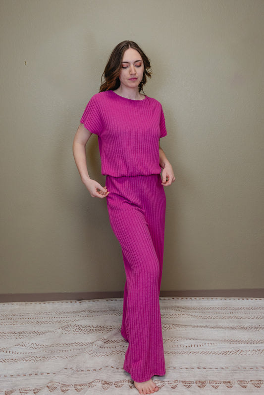 Ribbed Short Sleeve Wide Leg Set